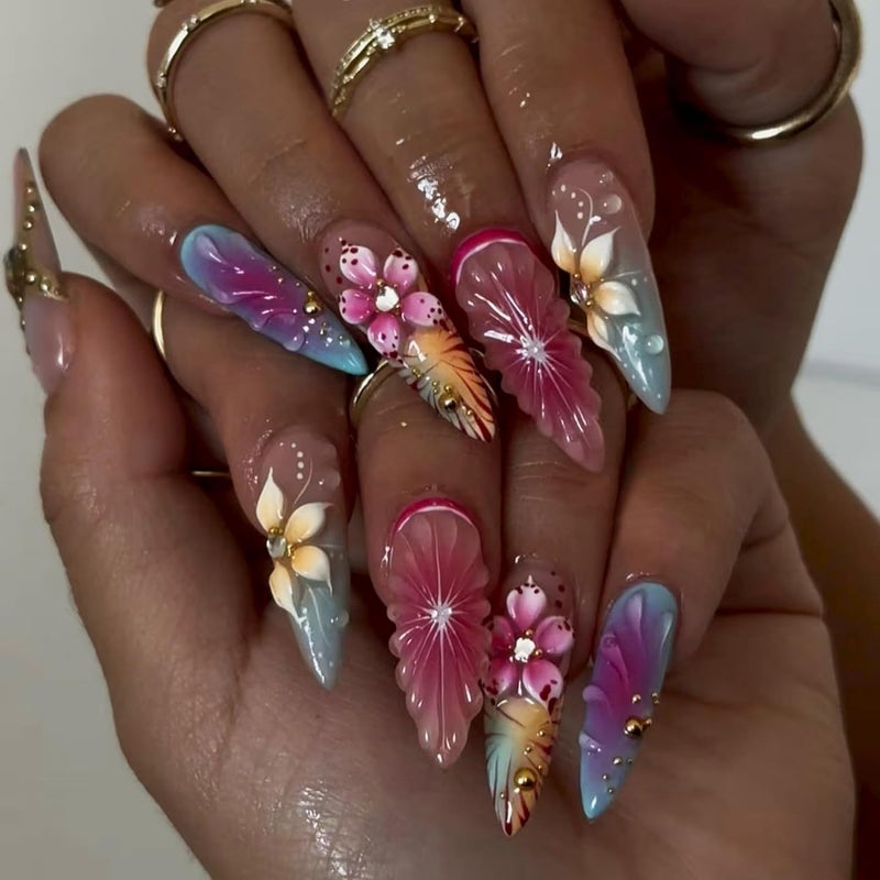 SEENEEY Long Press on Nails Almond Ombre Flowers Stick on Nail for Women 24pcs - Image 1